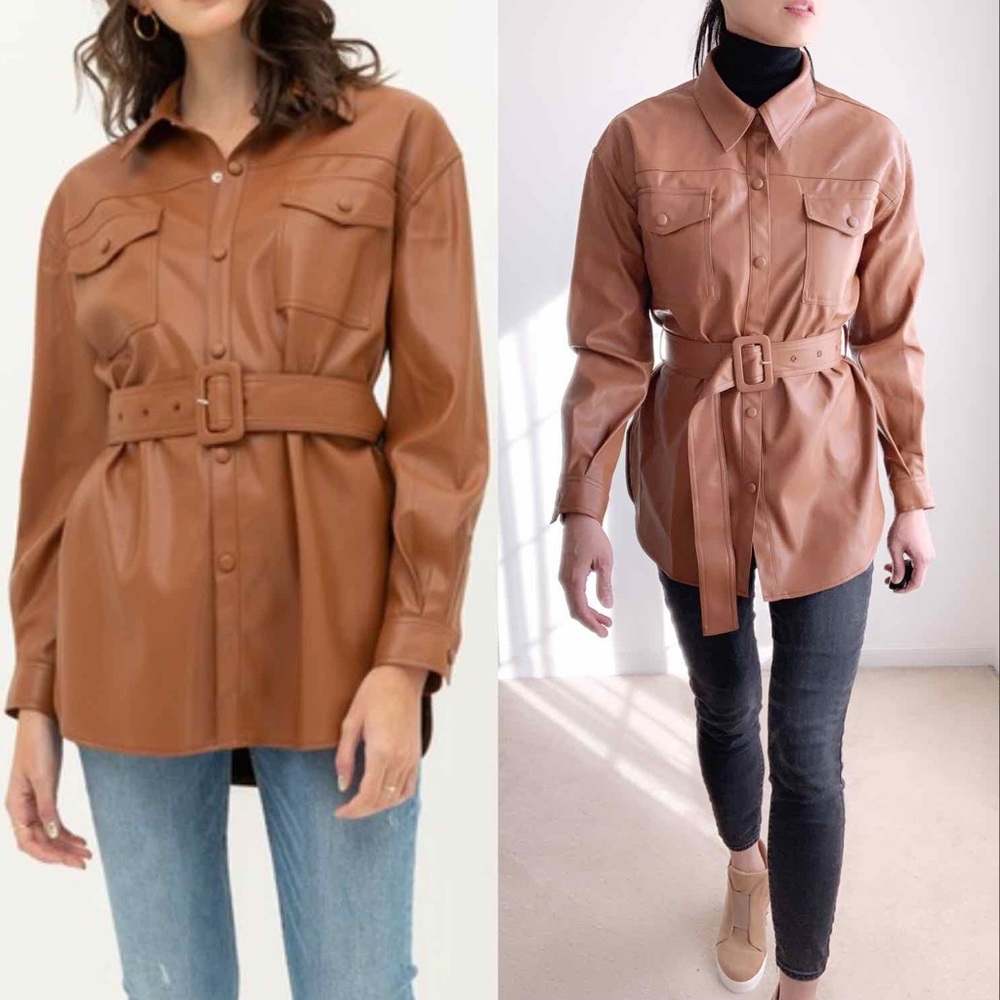 VEGAN LEATHER BELTED SHACKET - Tan
